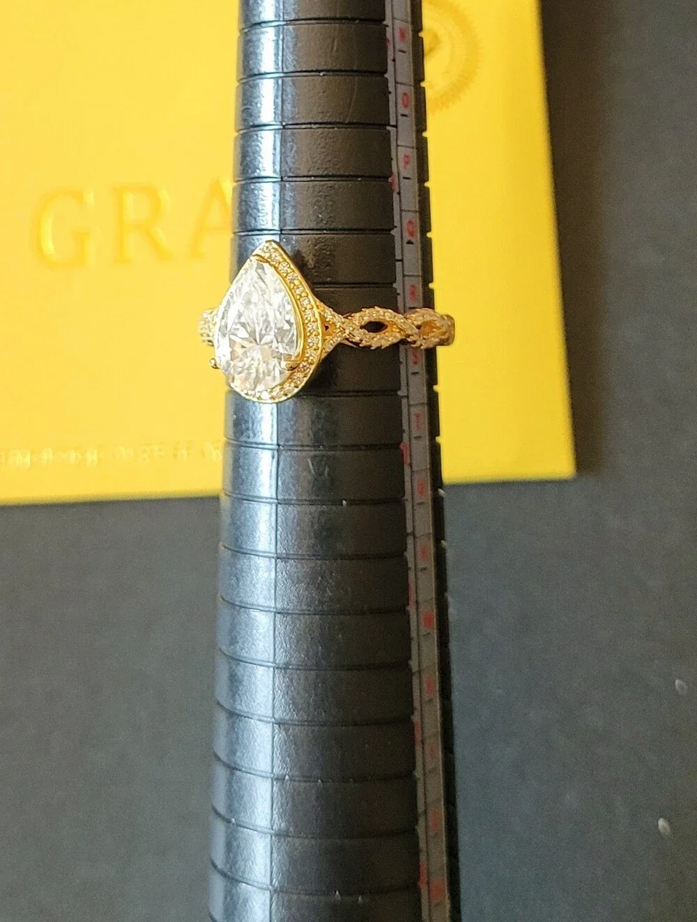 3ct Teardrop/Pear Moissanite Halo Ring S925 Gold Tone Twist Band -GRA size 9